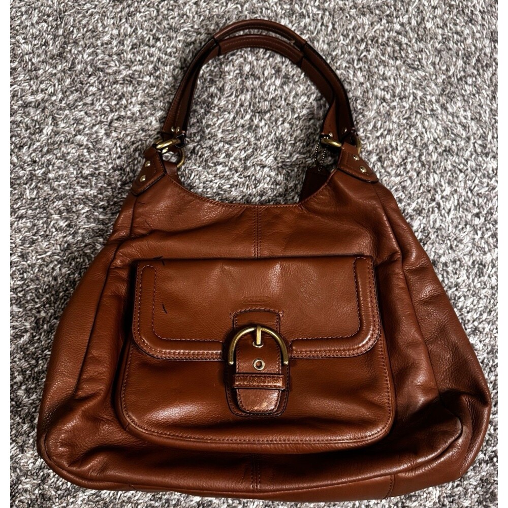Coach Campbell F24686 Leather Hobo Shoulder Bag Camel Brown Brass Buckle